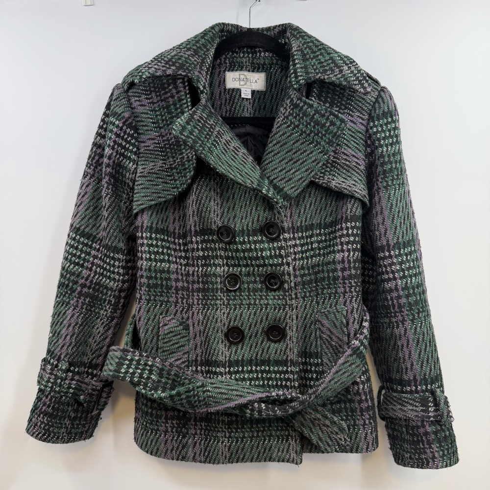 Vintage Donatella Plaid Wool Blend Belted Peacoat Petite Large Dark Academia